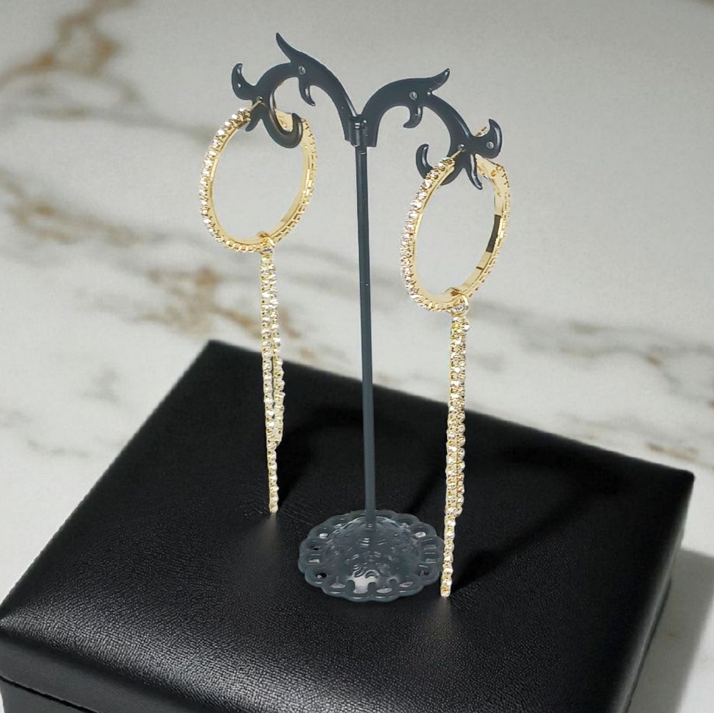Gold Plated Sterling Silver Rhinestone Drop Hoop Earrings Fringe Vegas Showgirl - Picture 12 of 15